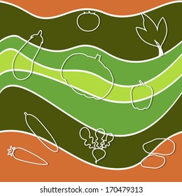 Seamless nature pattern. Green and orange wavy diagonal stripes with vegetable silhouettes. Fabric, wallpaper, pattern fills, web page background,surface texture.