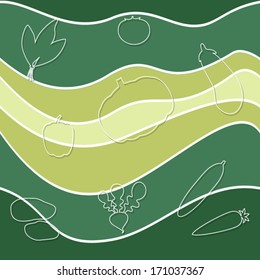 Seamless nature pattern. Green wavy diagonal stripes with vegetable silhouettes. Fabric, wallpaper, pattern fills, web page background,surface texture. 