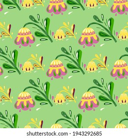 Seamless nature pattern with hand drawn yellow folk flowers ornament. Light green backround. Decorative backdrop for fabric design, textile print, wrapping, cover. Vector illustration