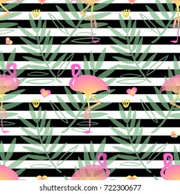 seamless nature pattern with hand drawn green leaves with flamingo on stripe background