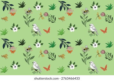 Seamless nature pattern with hand-drawn style elements including birds, bees, butterflies, dragonflies, flowers, and leaves on a soft green background. Cute and whimsical botanical illustration, perfect for fabric, wallpaper, wrapping paper, nursery decor, and spring or summer themed designs.