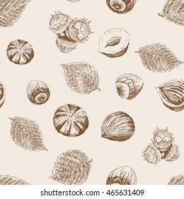 Seamless nature pattern. Hazelnuts and fallen leaves. Ink drawing vintage illustration