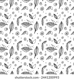 Seamless nature pattern. Leaves print in trendy doodle style. Black white Line art Vector botany elements hand drawn. Abstract Repeated background for wallpapers, wrapping papers, textile