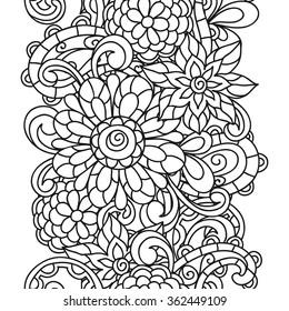Seamless nature pattern with line flowers for adult coloring page printing and drawing.