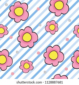 seamless nature pattern on stripe background from hand drawn flower with  glitter dot shape