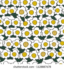 seamless nature pattern on white background from hand drawn gold glitter flower shape