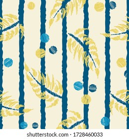 Seamless nature pattern scribbled leaves and dots striped repeat endless background cover texture for textile, wallpapers, clothing, curtains, linens, fashion fabric prints
