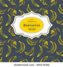 Seamless nature pattern with sketch of bananas on black background. Hand-drawn illustration in vintage style. Fresh organic food.