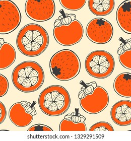 Seamless nature pattern with sketch of berries. Red vector background with mangosteen. Tropical food.