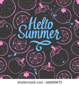 Seamless nature pattern with sketch of berries. Pink and black vector background with mangosteen. Tropical food. Hello summer.