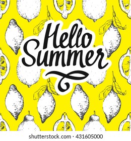 Seamless nature pattern with sketch of citrus. Fruit background with lemon on yellow. Hello summer.