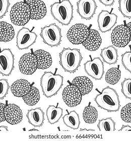 Padrão natural sem emenda com esboço de fruta. Fundo preto e branco com lichia. Comida tropical.