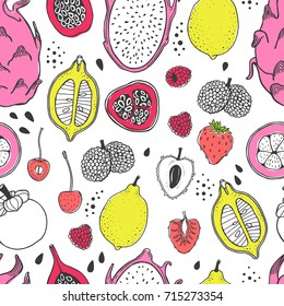 Seamless nature pattern with sketch of fruit. Yellow, pink and red vector line illustration of papaya, fig, pear, peach, mangosteen, lychee on white background. Tropical food.