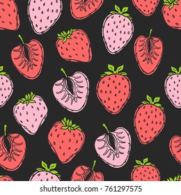 Seamless nature pattern with sketch of fruit. Red background with strawberry. Tropical food.