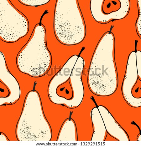 Seamless nature pattern with sketch of fruit. Red vector background with pear. Tropical food.