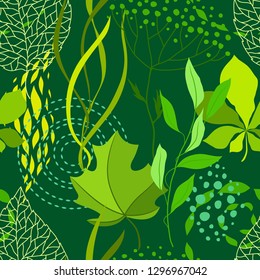 Seamless nature pattern with stylized green leaves. Nature illustration.