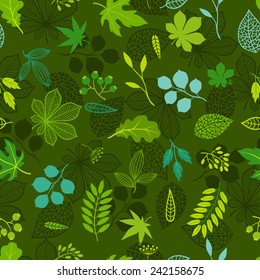 Seamless nature pattern with stylized green leaves.