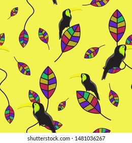 Seamless nature pattern toucan birds seating on colorful leaves branches on yellow soft background repeat nature tropical cover texture for print, cloth, wallpaper, curtain, carpet