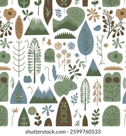 Seamless Nature Pattern with Trees, Mountains, and Plants