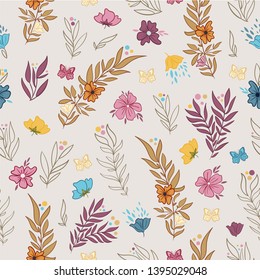 Seamless  nature pattern in vector with pink, yellow, blue and violet bloom flowers. Seamless print with leaf branch and flowers in retro color.