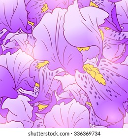 Seamless nature pattern with violet iris flowers. Vector illustration background with glow effect.