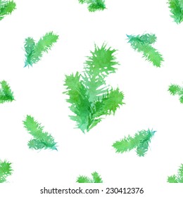 Seamless nature pattern. Watercolour branches of Christmas tree on white background. Vector illustration. 