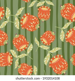 Seamless nature random pattern with bright orange folk flower bud shapes. Green striped background. Perfect for fabric design, textile print, wrapping, cover. Vector illustration.