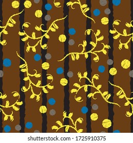 Seamless nature striped pattern leaves and colorful dots repeat endless background backdrop texture for textile, wrapping paper, wallpapers, cloth, curtains, linens, clothing, fashion fabric prints
