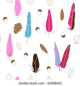 seamless nature theme background with feathers, leaves and acorns, Vector illustration
