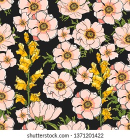 Seamless nature vector background with anemones and peonies. 