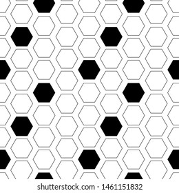 Seamless nature vector pattern. Black contoured and filled honeycombs isolated on white background. Beekeeping themed illustration. Monochrome picture. Perfect for wallpaper or fabric.