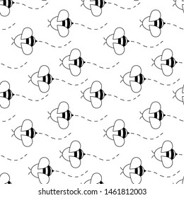 Seamless nature vector pattern. Black and white bees isolated on white background. Dotted line bee trace. Beekeeping themed illustration. Monochrome picture. Perfect for wallpaper or fabric.