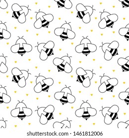 Seamless nature vector pattern. Black and white bees isolated on white background. Small orange hearts. Beekeeping themed illustration. Monochrome picture. Perfect for wallpaper or fabric.