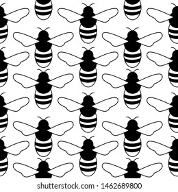 Seamless nature vector pattern. Black and white bees isolated on white background. Beekeeping themed illustration. Simple monochrome picture. Perfect for wallpaper or fabric.