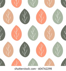 Seamless nature vector pattern. Orange brown and green leaves with twigs on white background. Hand drawn forest textile ornament 