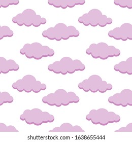 Seamless nature vector pattern. Purple clouds with shadows isolated on white background. Cute meteorological illustration. Perfect for wallpaper or fabric.