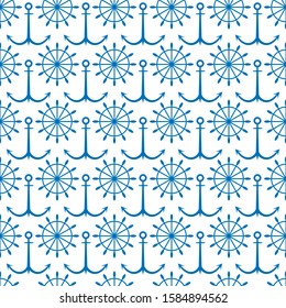 Seamless nautical background with anchors and ship wheels. Vector illustration.