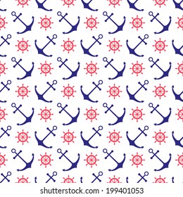 Seamless nautical background with anchors and ship wheels. Vector illustration.