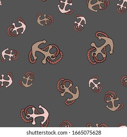 Seamless nautical background with hand drawn anchors. Summer vector design. Seamless pattern can be used for pattern fills, web page background, surface textures.