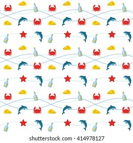 Seamless nautical background pattern with dolphins crabs bottles shells starfish and waves vector illustration