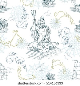 Seamless nautical background with Poseidon, treasure island, sailing ship and sea symbols on white. Endless vector illustrations with vintage adventures and old transportation design