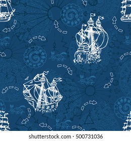 Seamless nautical background with sailboats, wind compass and mystic symbols on blue.  Endless illustrations with vintage adventures and old transportation pattern