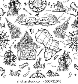 Seamless nautical background with world map elements, ancient ships, wind compass and marine symbols on white. Endless vector illustrations with vintage adventures and old transportation design