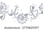 A seamless nautical border with an anchor, steering wheel, and rope. A nautical illustration, done in ink, for design, decor. A background themed around sea adventures for printing on paper, fabric