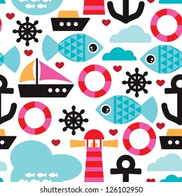 Seamless nautical ocean sea life kids background pattern in vector