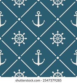 Seamless nautical pattern with anchor and steering wheel, vector elements, graphic design wallpaper background for your design , wrapping paper