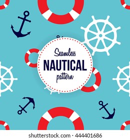 Seamless nautical pattern with anchors, life buoys and rudders