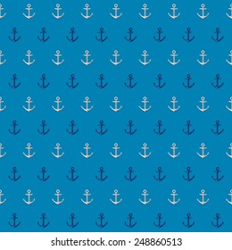 Seamless nautical pattern with anchors on blue background