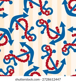 Patrón náutico sin fisuras con anclas y Elementos de cuerda en rojo y azul sobre fondo rayado, perfecto para diseños marinos, de verano y costeros.
