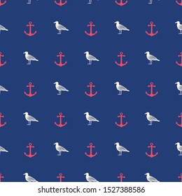 Seamless nautical pattern with anchors and seagulls. Sea concept backdrop